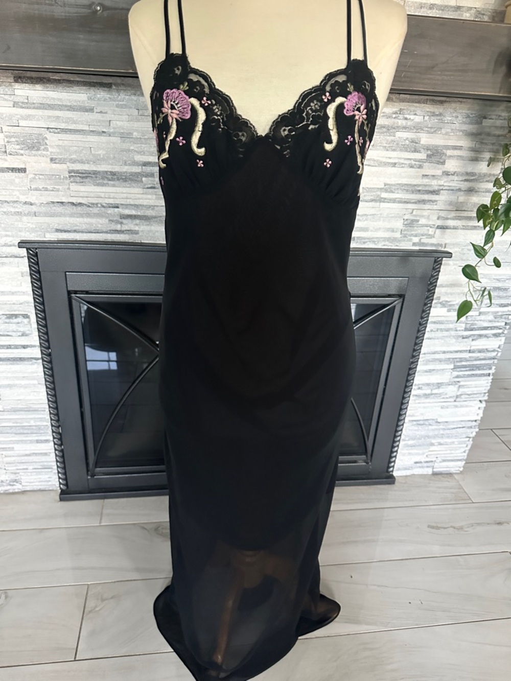 Valerie Stevens Black Maxi Slip with Purple & green Floral Embroidery